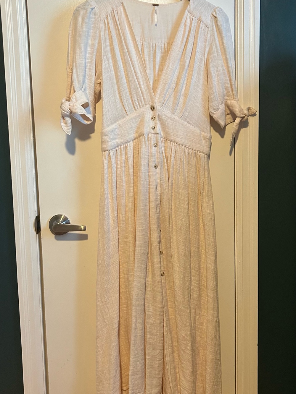 Free People Cream Button-Front Maxi Dress with Tie Sleeves